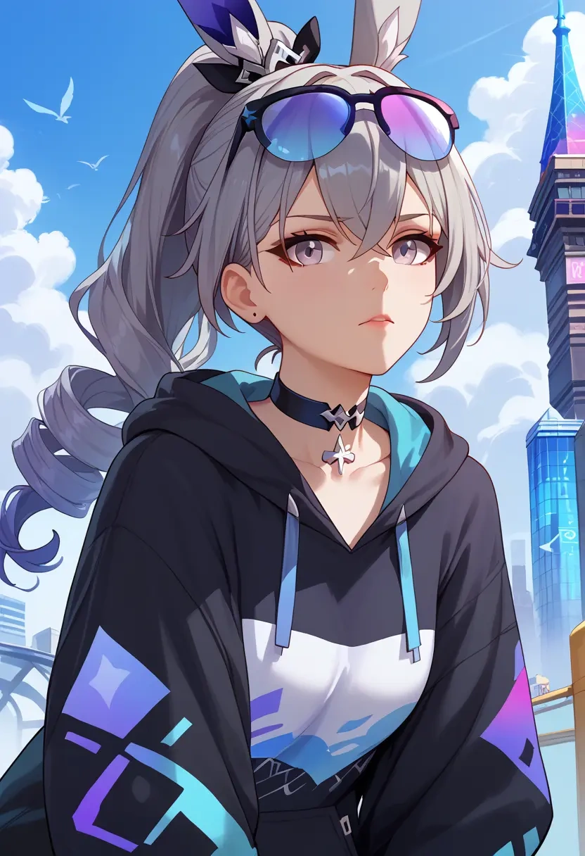 star rail,silver wolf,oversized graphic hoodie,thigh-high socks,shorts  - 